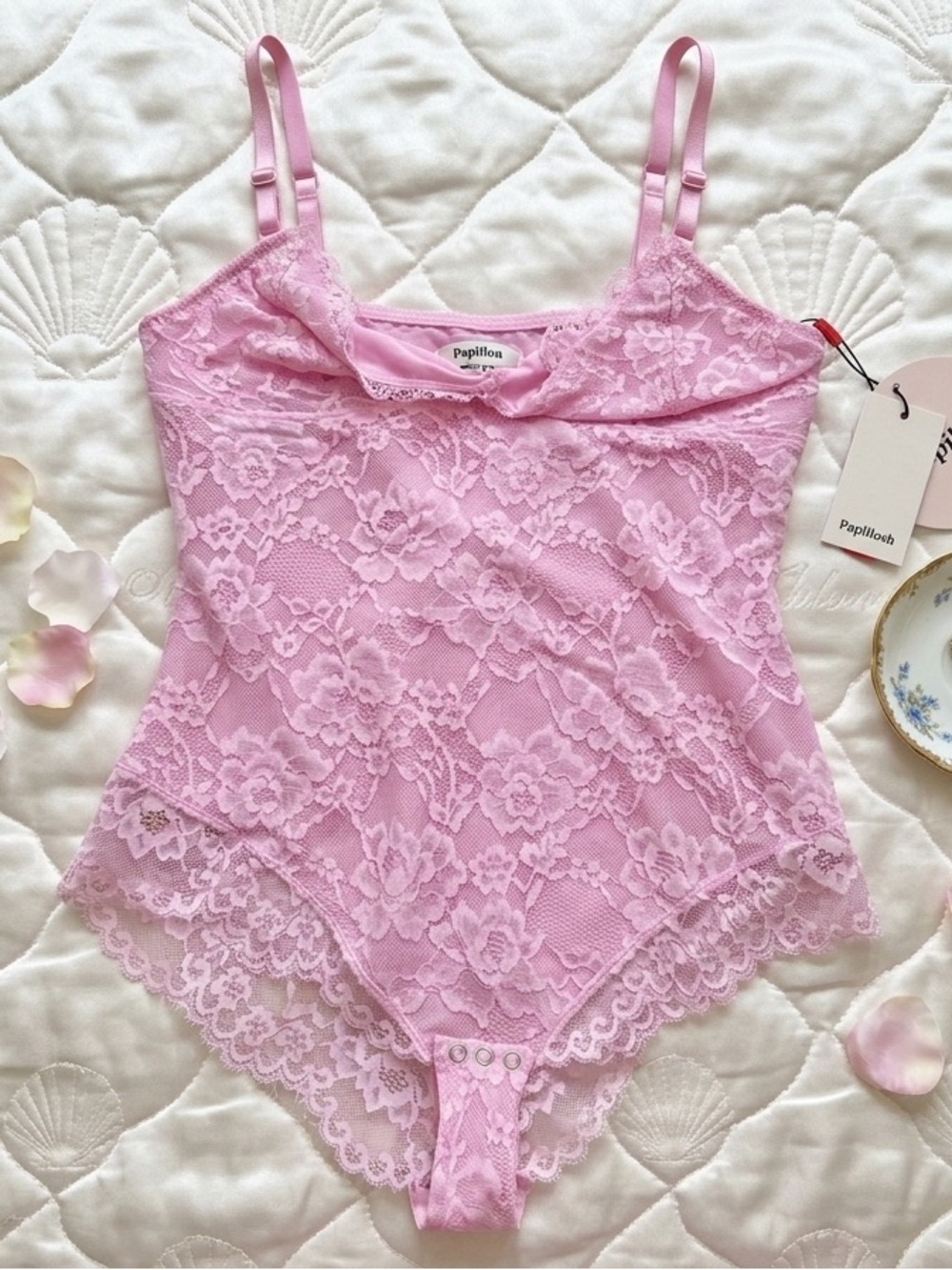 Papillon Blanc Pink Floral Lace Bodysuit with Adjustable Straps